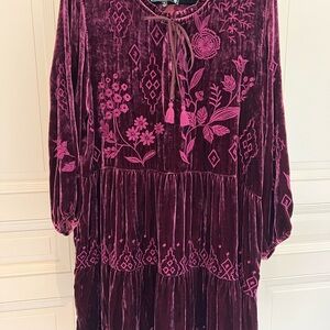 Johnny Was Velvet Dress - Rich Burgundy with Pink Embroidery
